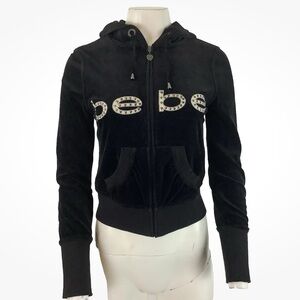 Vintage Y2K Bebe Sz M Velour Studded Bling Logo Full Zip Hoodie Black